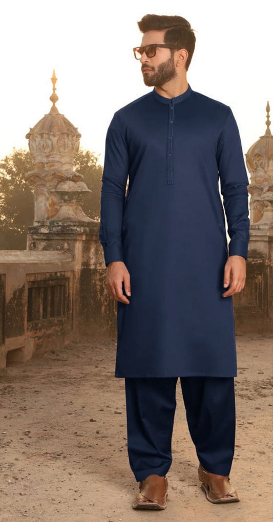 Navy Blue Unstitched Wash-and-Wear Kameez Shalwar – 4 Meters of Premium Fabric