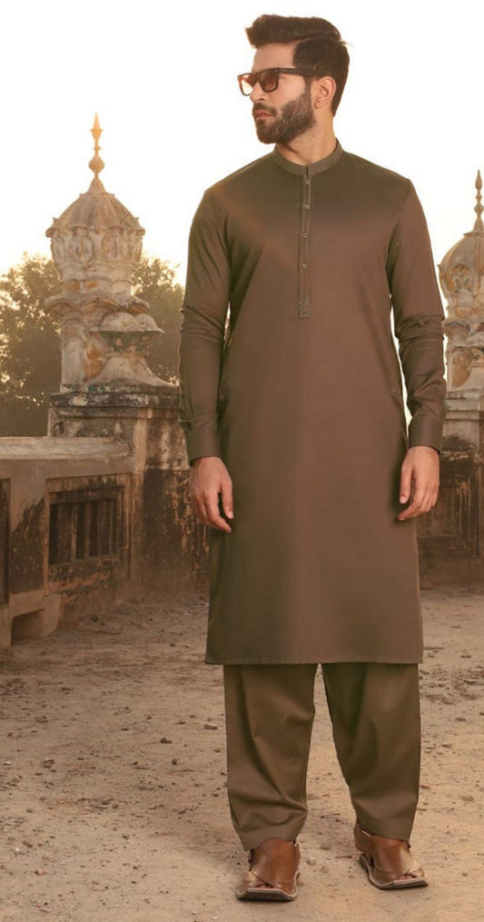 Walnut Brown Unstitched Wash-and-Wear Kameez Shalwar – Premium Cotton